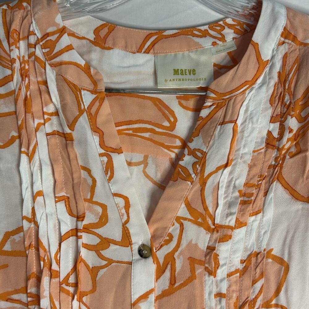 Maeve Anthropologie Floral Pintucked Button Front Blouse White And Orange Small - Picture 3 of 7